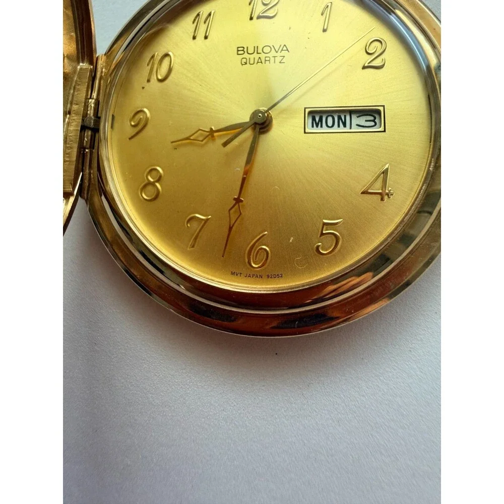Vintage 1980s Bulova Quartz Hunting Case Pocket Watch Gold Tone Day Date Chain